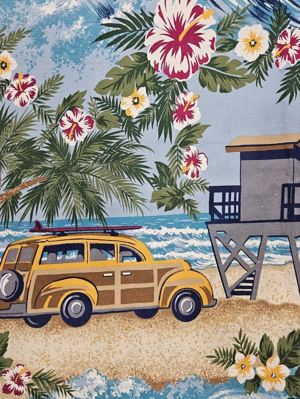 VTG Vohann Surfboard Hawaiian Floral Beach Sand Cars Cotton Shower Curtain 65X72